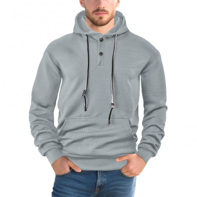 Men Hoodie Jacquard Texture Hooded Drawstring Long Sleeve Pullover Tops with Front Pocket Solid Color Spring Autumn Tops