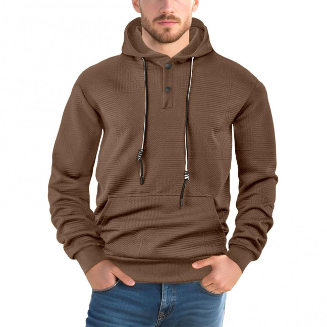 Men Hoodie Jacquard Texture Hooded Drawstring Long Sleeve Pullover Tops with Front Pocket Solid Color Spring Autumn Tops