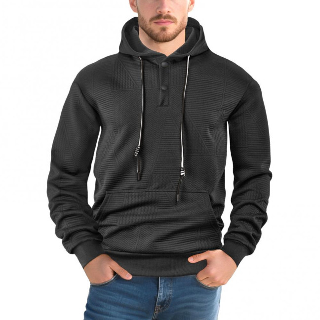 Men Hoodie Jacquard Texture Hooded Drawstring Long Sleeve Pullover Tops with Front Pocket Solid Color Spring Autumn Tops