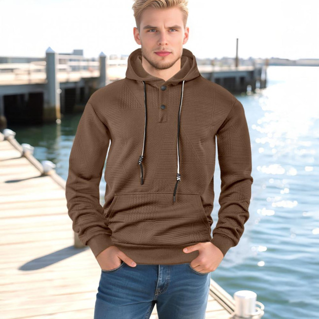 Men Hoodie Jacquard Texture Hooded Drawstring Long Sleeve Pullover Tops with Front Pocket Solid Color Spring Autumn Tops