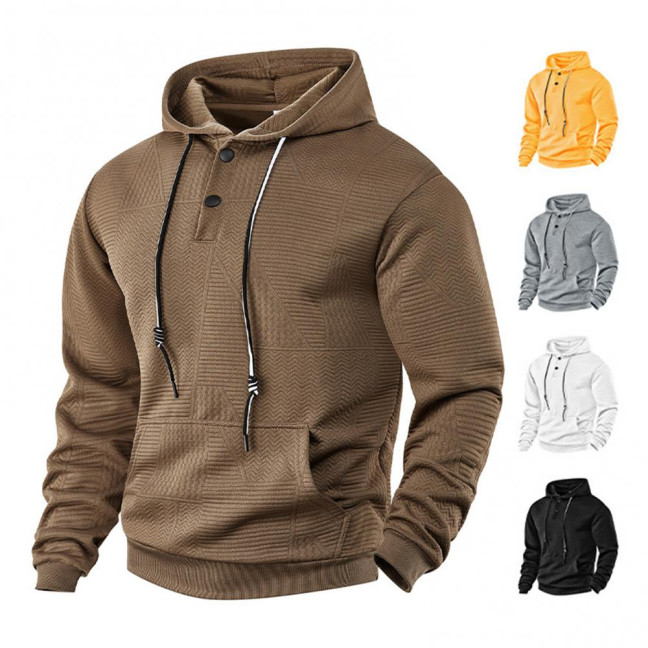 Men Hoodie Jacquard Texture Hooded Drawstring Long Sleeve Pullover Tops with Front Pocket Solid Color Spring Autumn Tops