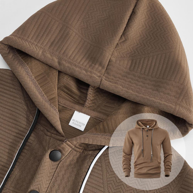 Men Hoodie Jacquard Texture Hooded Drawstring Long Sleeve Pullover Tops with Front Pocket Solid Color Spring Autumn Tops