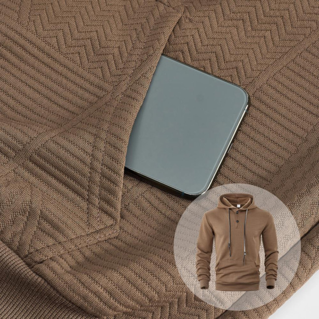 Men Hoodie Jacquard Texture Hooded Drawstring Long Sleeve Pullover Tops with Front Pocket Solid Color Spring Autumn Tops