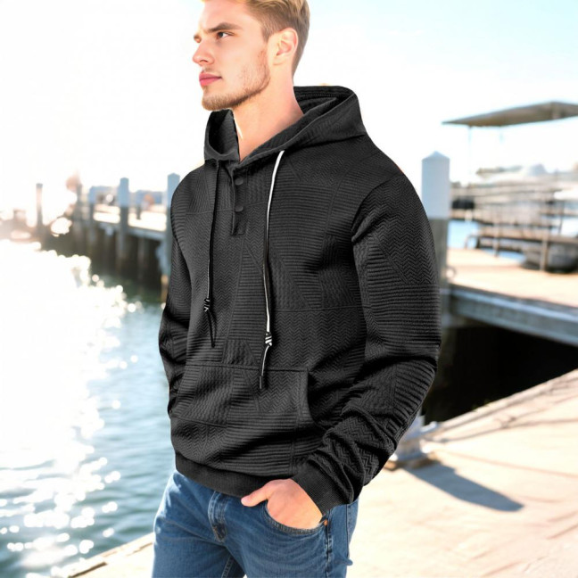 Men Hoodie Jacquard Texture Hooded Drawstring Long Sleeve Pullover Tops with Front Pocket Solid Color Spring Autumn Tops