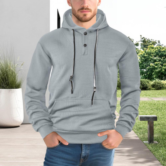 Men Hoodie Jacquard Texture Hooded Drawstring Long Sleeve Pullover Tops with Front Pocket Solid Color Spring Autumn Tops