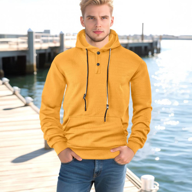 Men Hoodie Jacquard Texture Hooded Drawstring Long Sleeve Pullover Tops with Front Pocket Solid Color Spring Autumn Tops