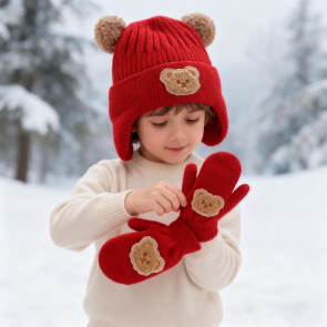 2Pcs/Set Children Hat Gloves Set Bear Ear Shape Ear Protection Solid Color Knitted Hat Elastic Warm Gloves Set Winter Headwear Set