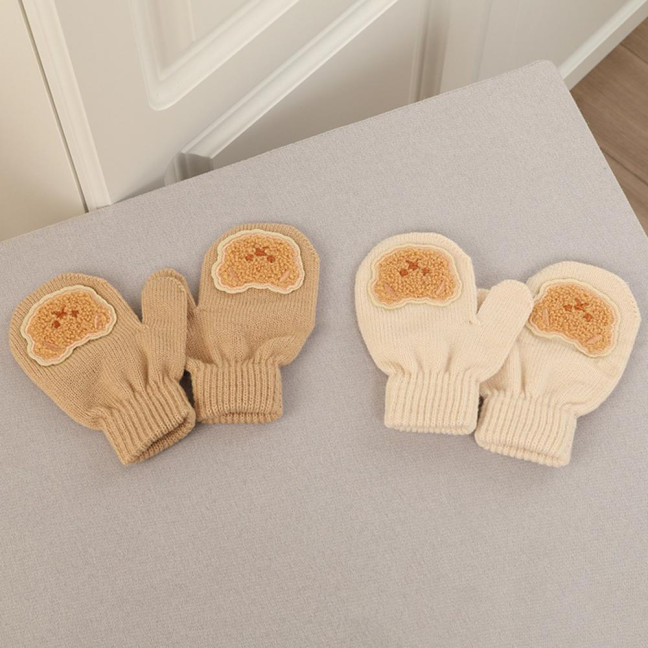 2Pcs/Set Children Hat Gloves Set Bear Ear Shape Ear Protection Solid Color Knitted Hat Elastic Warm Gloves Set Winter Headwear Set