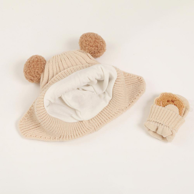 2Pcs/Set Children Hat Gloves Set Bear Ear Shape Ear Protection Solid Color Knitted Hat Elastic Warm Gloves Set Winter Headwear Set