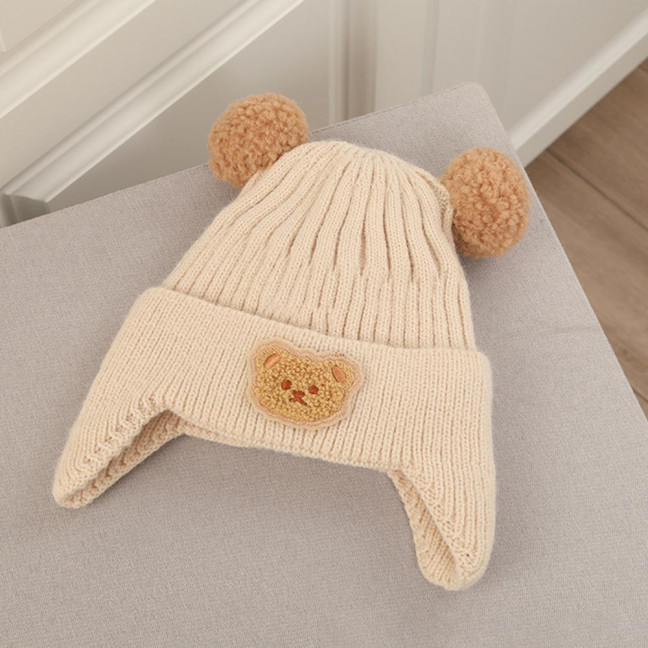 2Pcs/Set Children Hat Gloves Set Bear Ear Shape Ear Protection Solid Color Knitted Hat Elastic Warm Gloves Set Winter Headwear Set
