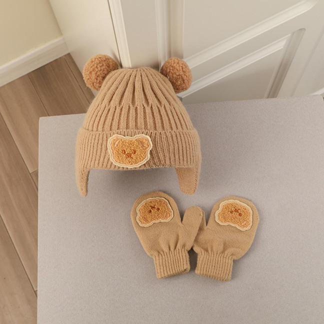 2Pcs/Set Children Hat Gloves Set Bear Ear Shape Ear Protection Solid Color Knitted Hat Elastic Warm Gloves Set Winter Headwear Set