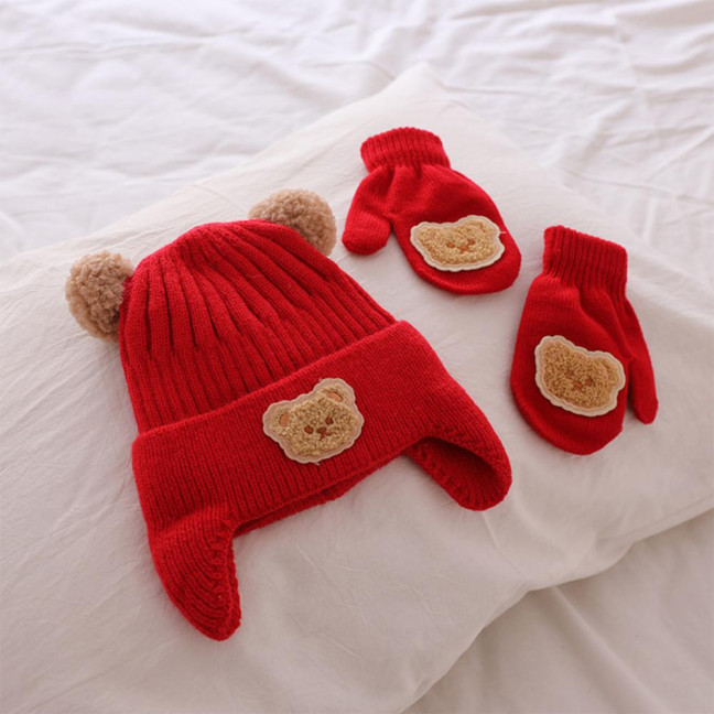 2Pcs/Set Children Hat Gloves Set Bear Ear Shape Ear Protection Solid Color Knitted Hat Elastic Warm Gloves Set Winter Headwear Set