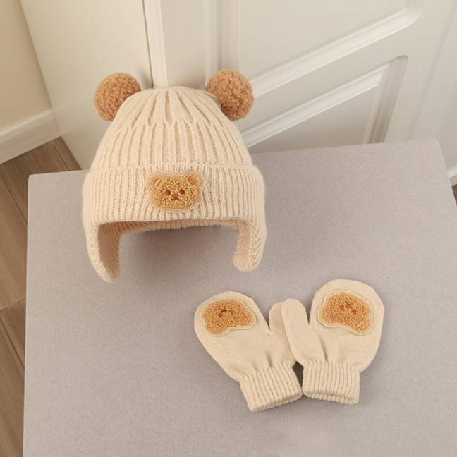 2Pcs/Set Children Hat Gloves Set Bear Ear Shape Ear Protection Solid Color Knitted Hat Elastic Warm Gloves Set Winter Headwear Set