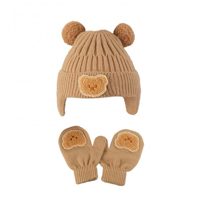 2Pcs/Set Children Hat Gloves Set Bear Ear Shape Ear Protection Solid Color Knitted Hat Elastic Warm Gloves Set Winter Headwear Set