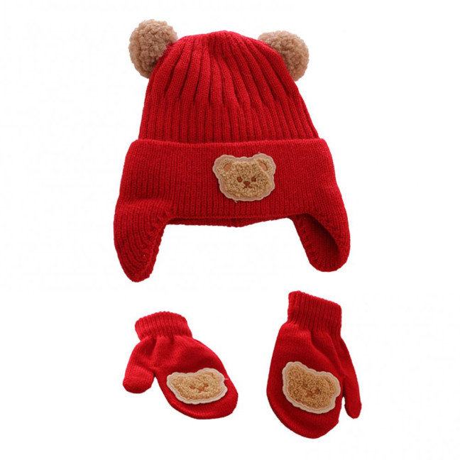 2Pcs/Set Children Hat Gloves Set Bear Ear Shape Ear Protection Solid Color Knitted Hat Elastic Warm Gloves Set Winter Headwear Set