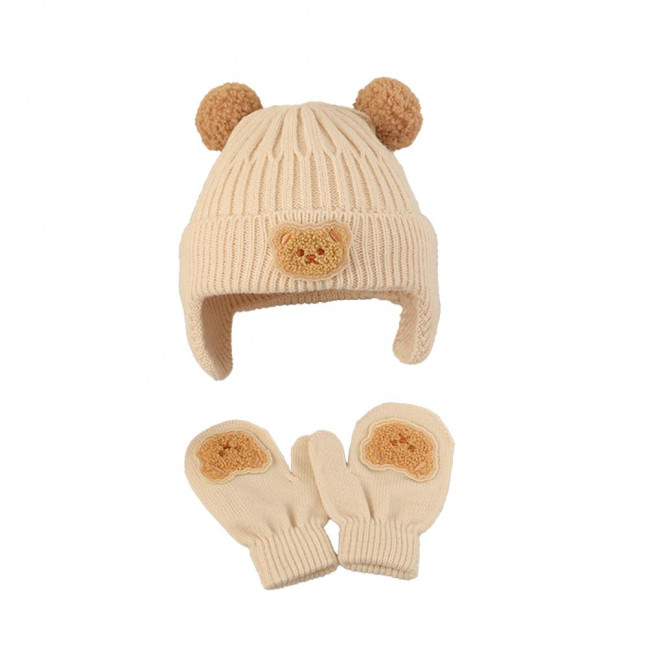 2Pcs/Set Children Hat Gloves Set Bear Ear Shape Ear Protection Solid Color Knitted Hat Elastic Warm Gloves Set Winter Headwear Set
