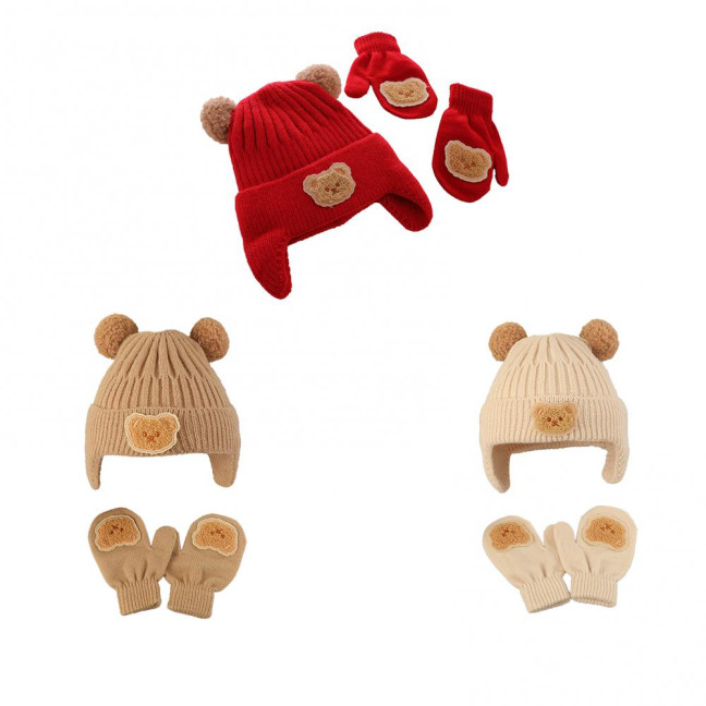 2Pcs/Set Children Hat Gloves Set Bear Ear Shape Ear Protection Solid Color Knitted Hat Elastic Warm Gloves Set Winter Headwear Set