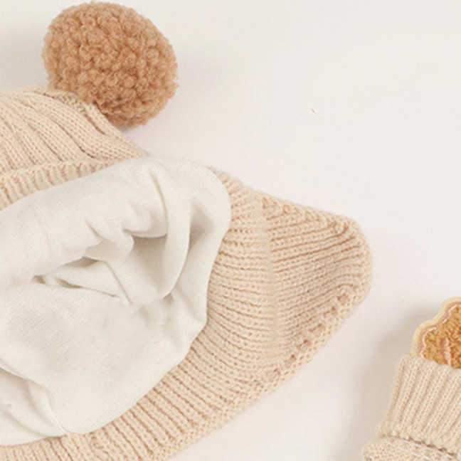 2Pcs/Set Children Hat Gloves Set Bear Ear Shape Ear Protection Solid Color Knitted Hat Elastic Warm Gloves Set Winter Headwear Set