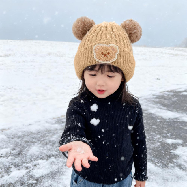 2Pcs/Set Children Hat Gloves Set Bear Ear Shape Ear Protection Solid Color Knitted Hat Elastic Warm Gloves Set Winter Headwear Set