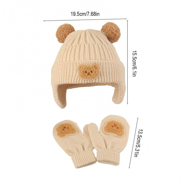 2Pcs/Set Children Hat Gloves Set Bear Ear Shape Ear Protection Solid Color Knitted Hat Elastic Warm Gloves Set Winter Headwear Set