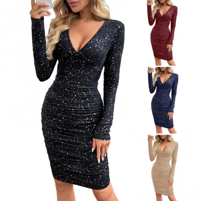 Women's Sparkly Sequin Bodycon Midi Dress Sexy Long Sleeve Deep V Neck Dress Ruched Cocktail Party Dress