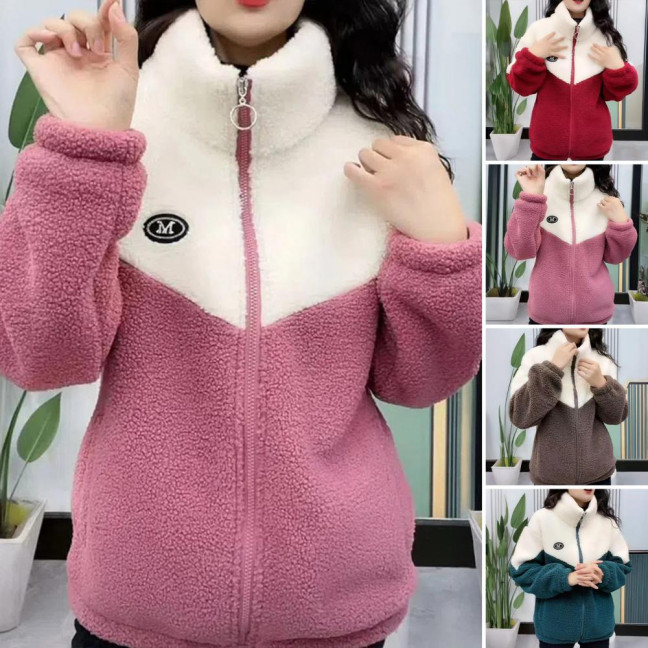 Women's Fuzzy Fleece Jacket Zip Up Stand Collar Sherpa Coat Fall Winter Color Block Warm Outerwear with Pockets