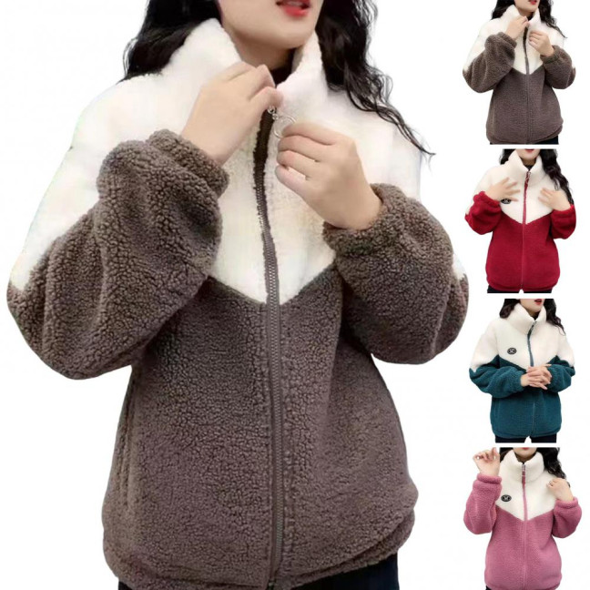 Women's Fuzzy Fleece Jacket Zip Up Stand Collar Sherpa Coat Fall Winter Color Block Warm Outerwear with Pockets