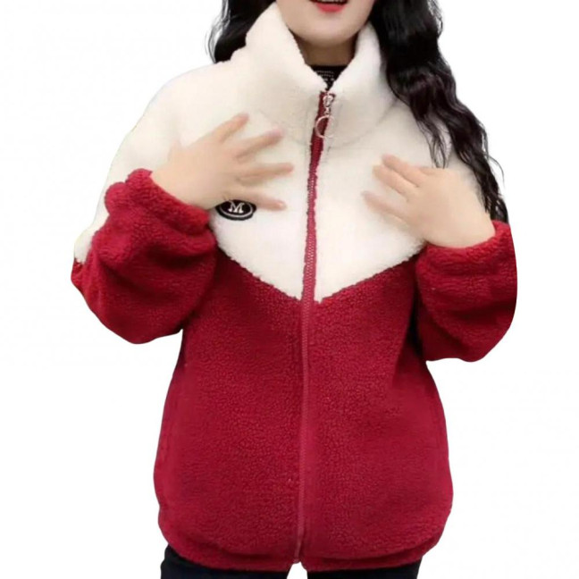 Women's Fuzzy Fleece Jacket Zip Up Stand Collar Sherpa Coat Fall Winter Color Block Warm Outerwear with Pockets