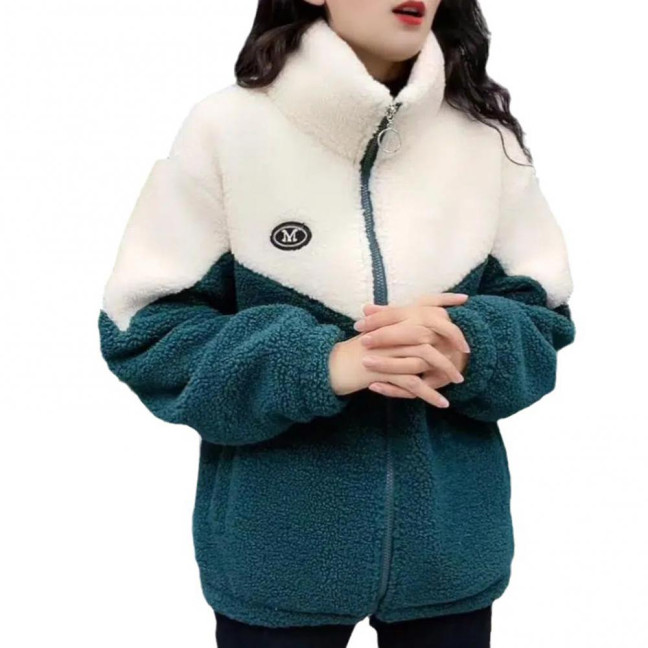 Women's Fuzzy Fleece Jacket Zip Up Stand Collar Sherpa Coat Fall Winter Color Block Warm Outerwear with Pockets