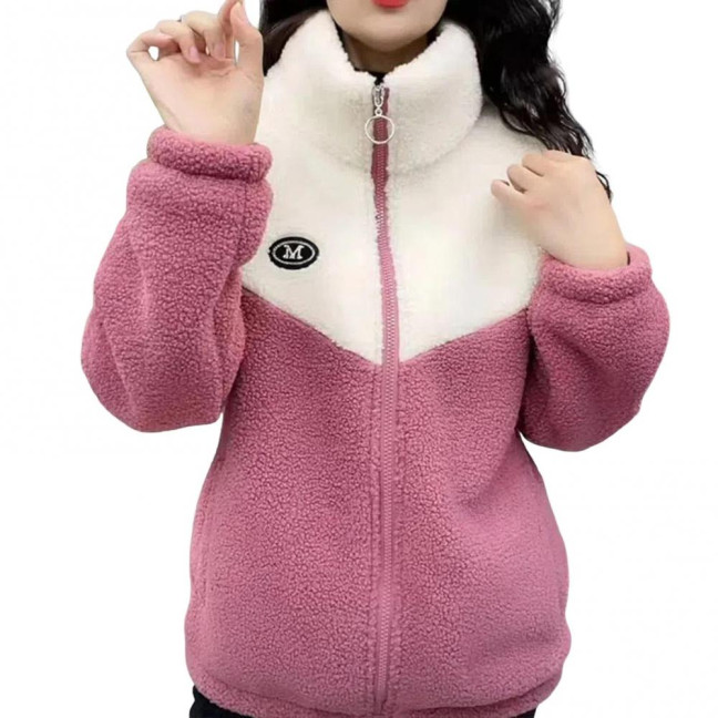 Women's Fuzzy Fleece Jacket Zip Up Stand Collar Sherpa Coat Fall Winter Color Block Warm Outerwear with Pockets