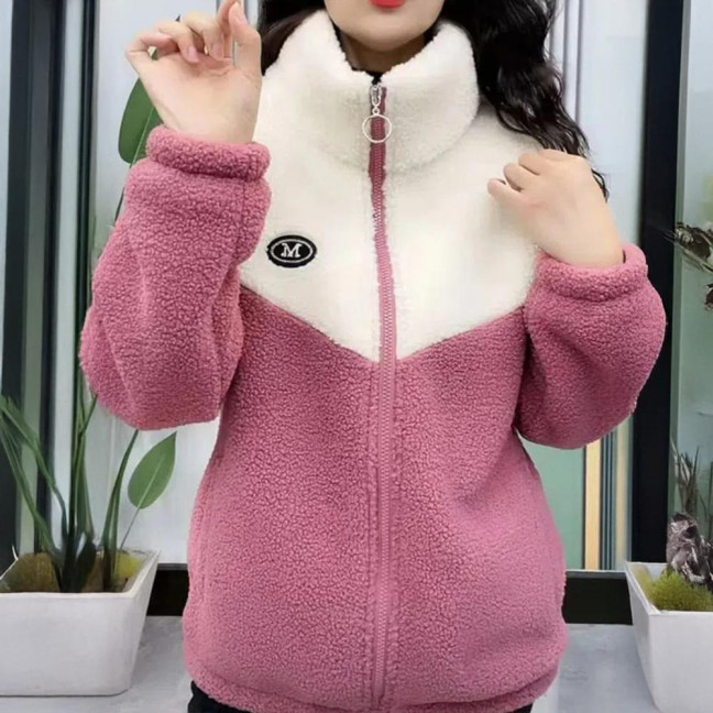 Women's Fuzzy Fleece Jacket Zip Up Stand Collar Sherpa Coat Fall Winter Color Block Warm Outerwear with Pockets