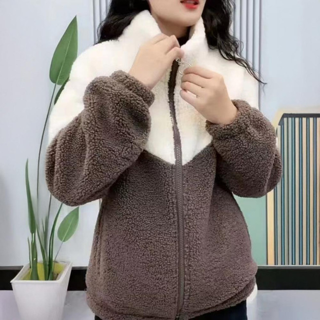 Women's Fuzzy Fleece Jacket Zip Up Stand Collar Sherpa Coat Fall Winter Color Block Warm Outerwear with Pockets