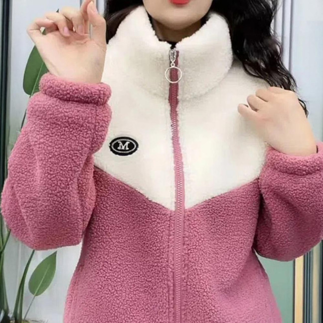 Women's Fuzzy Fleece Jacket Zip Up Stand Collar Sherpa Coat Fall Winter Color Block Warm Outerwear with Pockets