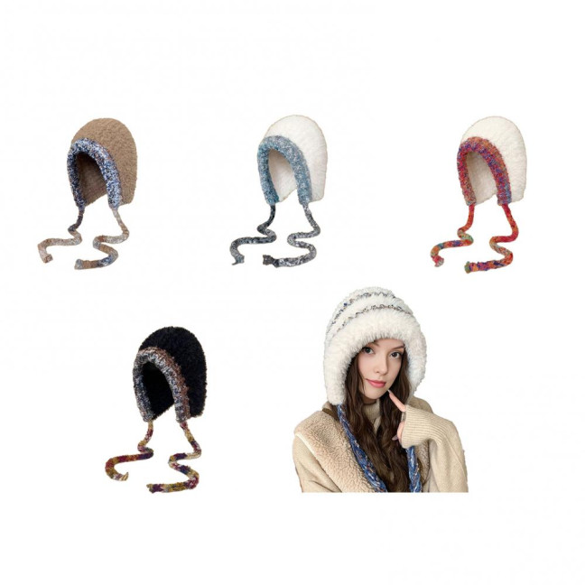 Women Hat Patchwork Color Elastic Design Knitted Winter Hat Ear Protection Thickened Warm Windproof Hat Outdoor Activities Accessory