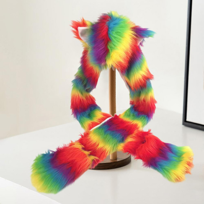Women Hat Rainbow Color Imitation Fur 3 in 1 Hat Scarf Gloves Winter Warm Hat Home Outdoor Work Street Wear Women Hat Rainbow Color Imitation Fur 3 in 1 Hat Scarf Gloves Winter Warm Hat Home Outdoor Work Street Wear
