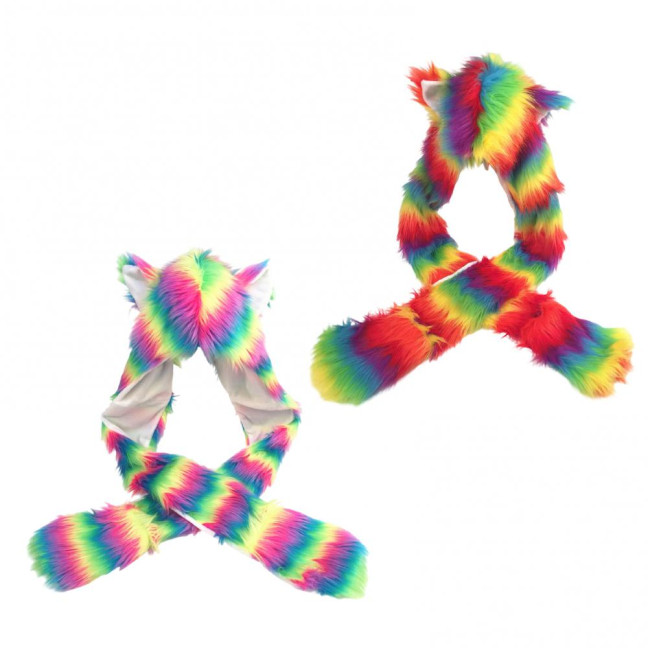 Women Hat Rainbow Color Imitation Fur 3 in 1 Hat Scarf Gloves Winter Warm Hat Home Outdoor Work Street Wear Women Hat Rainbow Color Imitation Fur 3 in 1 Hat Scarf Gloves Winter Warm Hat Home Outdoor Work Street Wear