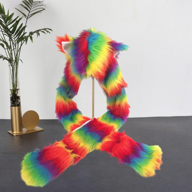 Women Hat Rainbow Color Imitation Fur 3 in 1 Hat Scarf Gloves Winter Warm Hat Home Outdoor Work Street Wear Women Hat Rainbow Color Imitation Fur 3 in 1 Hat Scarf Gloves Winter Warm Hat Home Outdoor Work Street Wear