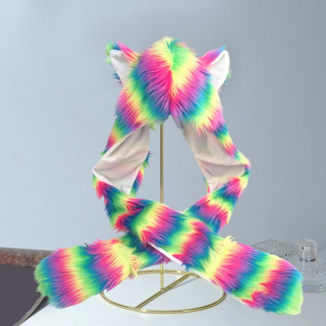 Women Hat Rainbow Color Imitation Fur 3 in 1 Hat Scarf Gloves Winter Warm Hat Home Outdoor Work Street Wear Women Hat Rainbow Color Imitation Fur 3 in 1 Hat Scarf Gloves Winter Warm Hat Home Outdoor Work Street Wear