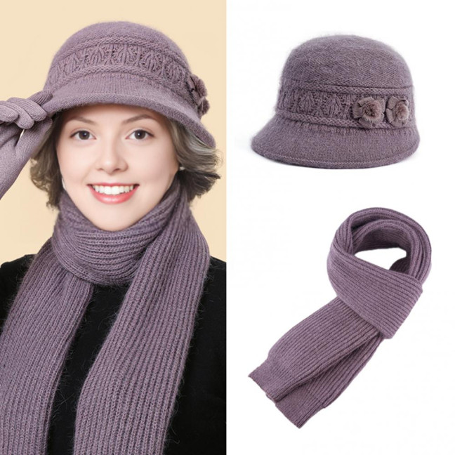 2Pcs/Set Women Hat Scarf Set Solid Color Flower Decor Elastic Knitting Basin Hat Warm Long Scarf Set Cold Weather Accessories
