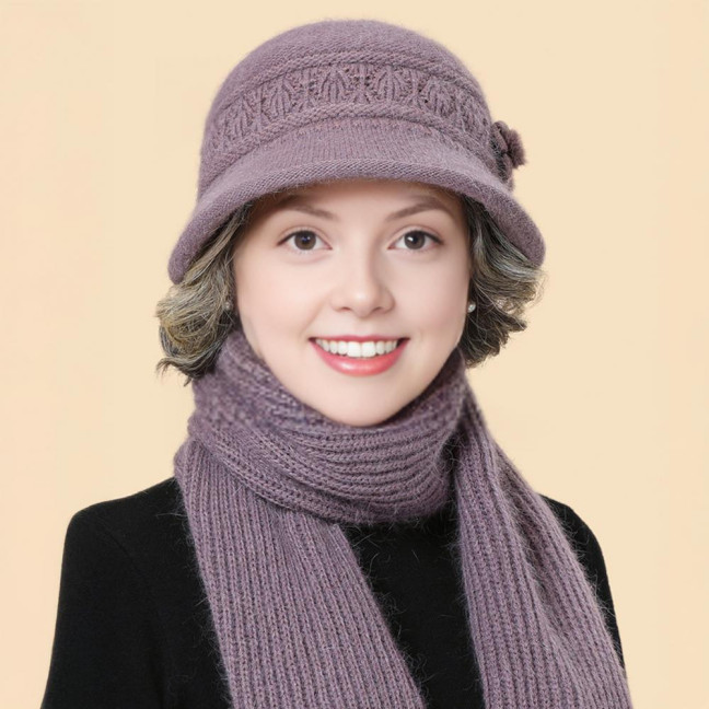 2Pcs/Set Women Hat Scarf Set Solid Color Flower Decor Elastic Knitting Basin Hat Warm Long Scarf Set Cold Weather Accessories