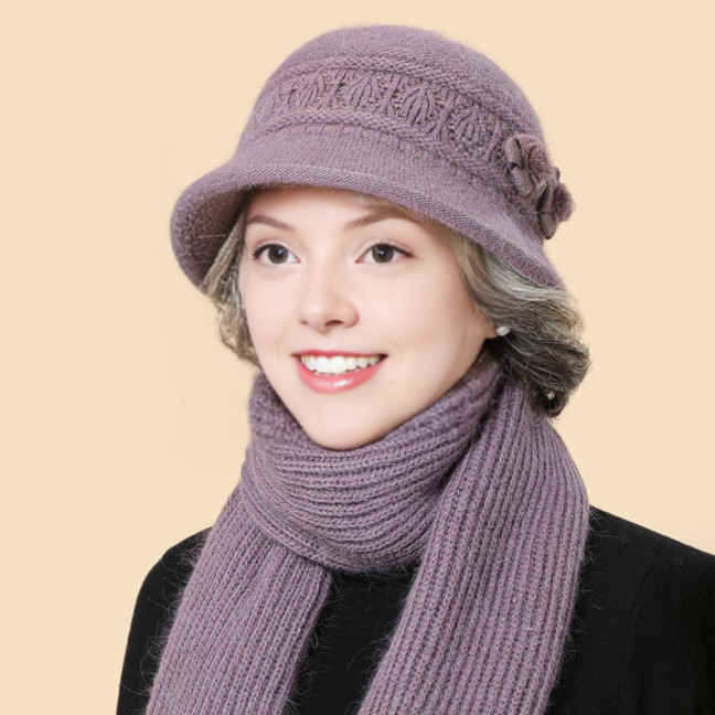 2Pcs/Set Women Hat Scarf Set Solid Color Flower Decor Elastic Knitting Basin Hat Warm Long Scarf Set Cold Weather Accessories