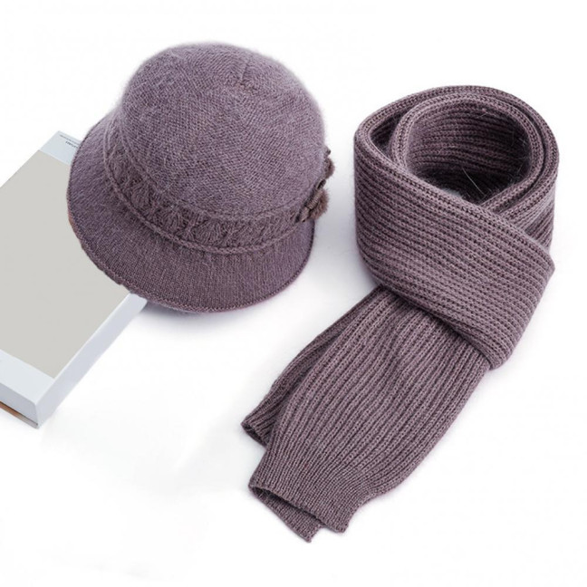 2Pcs/Set Women Hat Scarf Set Solid Color Flower Decor Elastic Knitting Basin Hat Warm Long Scarf Set Cold Weather Accessories