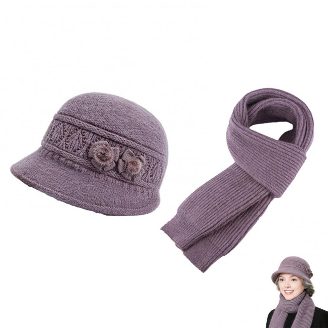 2Pcs/Set Women Hat Scarf Set Solid Color Flower Decor Elastic Knitting Basin Hat Warm Long Scarf Set Cold Weather Accessories