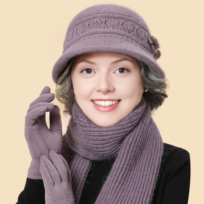2Pcs/Set Women Hat Scarf Set Solid Color Flower Decor Elastic Knitting Basin Hat Warm Long Scarf Set Cold Weather Accessories