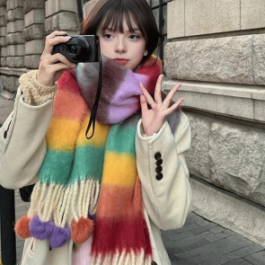 Women Scarf Rainbow Color Striped Scarf with Plush Balls Tassel Winter Thickened Warm Couple Scarf Versatile Wear
