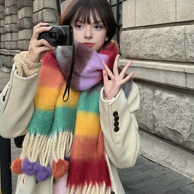 Women Scarf Rainbow Color Striped Scarf with Plush Balls Tassel Winter Thickened Warm Couple Scarf Versatile Wear