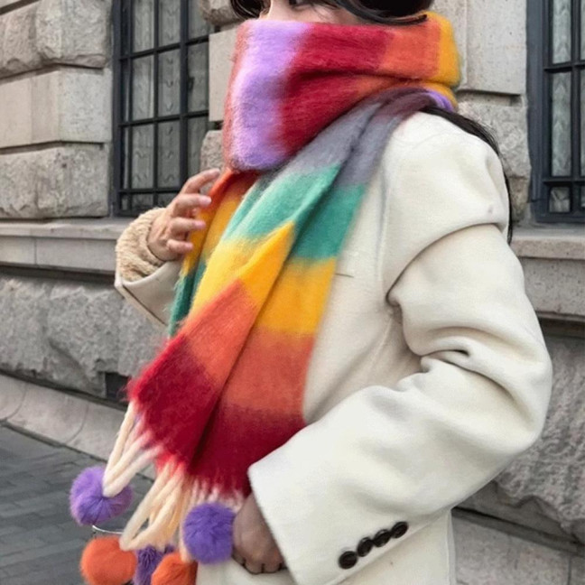 Women Scarf Rainbow Color Striped Scarf with Plush Balls Tassel Winter Thickened Warm Couple Scarf Versatile Wear