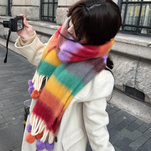 Women Scarf Rainbow Color Striped Scarf with Plush Balls Tassel Winter Thickened Warm Couple Scarf Versatile Wear