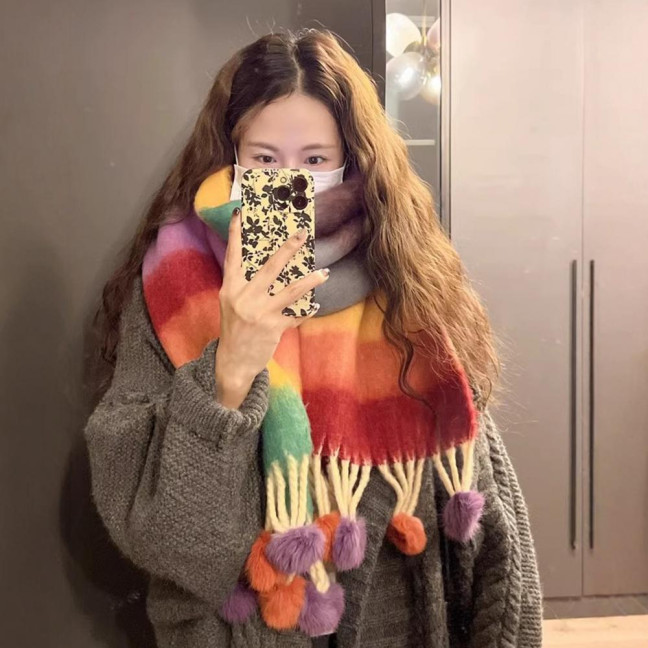 Women Scarf Rainbow Color Striped Scarf with Plush Balls Tassel Winter Thickened Warm Couple Scarf Versatile Wear