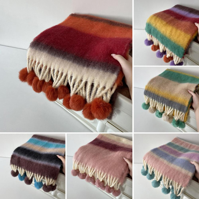 Women Scarf Rainbow Color Striped Scarf with Plush Balls Tassel Winter Thickened Warm Couple Scarf Versatile Wear